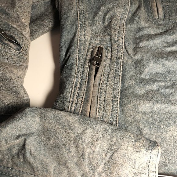 GESTUZ Leather Trompe L’Oeil Denim-look Biker Jacket Ombré Teal Y2K Slim Fit - Picture 4 of 6